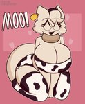 animal_print anthro big_breasts bikini blush breasts cleavage clothed clothing cow_print female heart_symbol kneeling solo swimwear text thick_thighs two-piece_swimsuit euphorica sophie_(euphorica) felid mammal hi_res