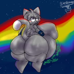 anthro belly big_belly big_breasts big_butt breast_expansion breasts butt butt_expansion digestion expansion female fur grey_body grey_fur rear_view solo tail vore blueyreplanted blueytheplantlizard nyan_cat_(copyright) pursuitcore nyan_(pursuitcore) nyan_cat felid feline mammal hi_res meme