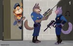 anthro awm awp brick_wall countershading doorway duo electronics female gun gun_range headphones male male/female mp7 ranged_weapon rifle shooting_range sniper_rifle submachine_gun suppressed_weapon wall_(structure) weapon misterfyrryman as_dusk_falls_a_new_dawn_rises disney zootopia benjamin_clawhauser judy_hopps mathilda_growley nick_wilde wade_wolfard canid canine canis cheetah felid feline fox lagomorph leporid mammal pantherine rabbit red_fox snow_leopard true_fox wolf hi_res