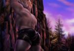 2018 abs adharc anthro back_muscles biceps bottomwear brown_body brown_skin climb climbing clothed clothing day eyebrows forest green_eyes grey_body grey_skin hair harness hi_res horn killianwalker latex looking_up male mammal muscular muscular_anthro muscular_male muscular_thighs orange_hair plant rhinoceros rock_climbing shorts side_view sky solo tattoo tight_underwear topless tree wilderness