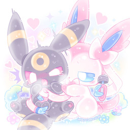 balls big_ears black_balls black_body black_fur blue_eyes blue_inner_ear blue_sclera bodily_fluids chibi drooling duo female feral flower fur genitals heart_symbol holding_object holding_sex_toy holding_vibrator male markings open_mouth penis pink_eyes pink_sclera plant pupils questionable_consent ribbonjob saliva sex_toy shocked sparkles vibrator wand_vibrator white_body white_fur white_pupils yellow_markings waruwaru0205 nintendo pokemon eeveelution generation_2_pokemon generation_6_pokemon pokemon_(species) sylveon umbreon 1:1 2025 colored digital_drawing_(artwork) digital_media_(artwork) pastel_theme