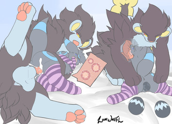 anus balls black_body black_fur blue_body blue_eyes blue_fur bodily_fluids butt clothing cum cum_in_vagina cum_inside duo egg erection female female_penetrated feral feral_on_feral footwear from_behind_position fur genital_fluids genitals impregnation internal knot knotting leaking_cum licking lying male male/female male_penetrating male_penetrating_female markings multicolored_body multicolored_fur multiple_ova on_side open_mouth oral oviposition ovum pawpads paws penetration penile penile_penetration penis penis_in_vagina penis_lick sex simple_background size_difference socks sperm_cell sploot spoon_position spooning spread_legs spreading tail tongue tongue_out vaginal vaginal_fluids vaginal_oviposition vaginal_penetration yellow_eyes lonewolffl nintendo pokemon fan_character lone_(lonewolffl) syna_the_umbreon canid eeveelution felid generation_2_pokemon generation_4_pokemon luxray mammal pokemon_(species) shiny_pokemon umbreon 2021 absurd_res digital_media_(artwork) hi_res