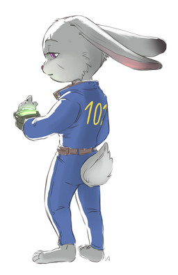 anthro barefoot belt biped bottomwear clothed clothing feet female fully_clothed fur grey_body grey_fur long_ears pants pink_eyes purple_eyes simple_background solo standing vault_suit white_background vetrofroza disney fallout microsoft zootopia judy_hopps lagomorph leporid mammal rabbit