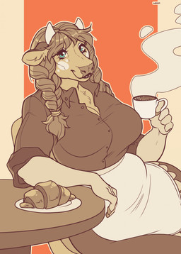 anthro apron beverage big_breasts braided_hair braided_pigtails bread breasts chest_tuft cleavage clothed clothing coffee coffee_cup coffee_mug collared_shirt container croissant cup dress_shirt female food furniture hair horn leaning_on_table looking_at_viewer markings pastry pigtails plate shirt sitting solo spots spotted_markings steam table teal_eyes topwear tuft varollis bethany_genisse bovid bovine cattle dairy_cattle jersey_cattle mammal 2023 absurd_res hi_res restricted_palette