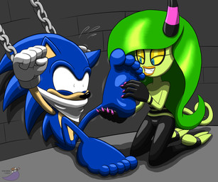 5_toes barefoot bound chain chained duo feet female foot_fetish male male/female soles tickling toes sorcererlance sega sonic_the_hedgehog_(series) sonic_the_hedgehog the_deadly_six zeena eulipotyphlan hedgehog mammal zeti