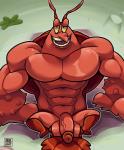 2019 abs absurd_res antennae_(anatomy) anthro arthropod balls biceps biped claws crustacean decapoda erection genitals glans hi_res humanoid_genitalia humanoid_penis larry_the_lobster lobster malacostracan male marine muscular muscular_anthro muscular_male nickelodeon nude pecs penis red_balls red_glans red_penis shell sitting solo spongebob_squarepants tehbluebubble