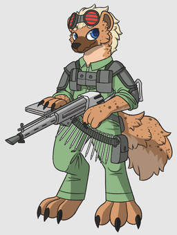 anthro biped blue_eyes clothed clothed_anthro clothed_male clothing digitigrade eyewear goggles gun looking_at_viewer male male_anthro military_uniform nail_gun ranged_weapon simple_background solo standing uniform weapon roawayart hyena mammal 2022 cel_shading digital_drawing_(artwork) digital_media_(artwork) shaded