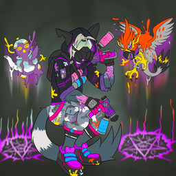 demonic_pokemon group male spray_gun summoner summoning_circle trio flameyverdantfire atlus megami_tensei nintendo pokemon sega avian aye-aye demon generation_6_pokemon generation_8_pokemon generation_9_pokemon ghost grafaiai lemur mammal pokemon_(species) polteageist primate spirit strepsirrhine talonflame 1:1