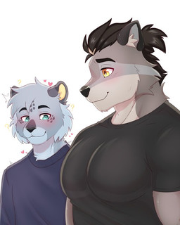 anthro black_clothing black_eyebrows black_hair black_nose black_topwear blue_eyes clothing duo eyebrows fur grey_body grey_fur hair male male/male meme_pose multicolored_body multicolored_fur muscular muscular_male orange_eyes pecs simple_background topwear two_tone_body two_tone_fur white_background yellow_eyes yellow_inner_ear limonata hunter_(promises_to_keep) leo_(promises_to_keep) felid mammal pantherine procyonid raccoon snow_leopard 4:5