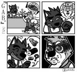 5_fingers angry anthro apron barefoot base_two_layout bodily_fluids bottomwear canid canine canis cheek_tuft clothed clothing comic cute_fangs dialogue domestic_dog drooling duo emanata exclamation_point eyebrows eyes_closed facial_tuft feet fingers food four_frame_grid four_frame_image fully_clothed gab_(comic) gab_shiba gabshiba gesture greyscale grid_layout grimace hand_gesture head_tuft jacket japanese_flag male mammal monochrome motion_lines open_mouth open_smile pants pictographics pointing question_mark racism regular_grid_layout saliva shiba_inu smile spitz standing sushi taco topwear tuft two_row_layout whiskers