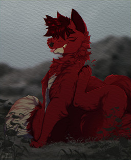 cloud dipstick_tail feral fur grass hair happy male markings mountain pawpads plant red_body red_fur red_hair red_pawpads sky smile solo tail tail_markings tongue tongue_out white_body white_fur white_tail_tip shyryp mythology chi_(shyryp) canid canine fox mammal mythological_creature absurd_res colored digital_drawing_(artwork) digital_media_(artwork) hi_res shaded