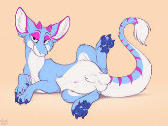 animal_genitalia balls blue_body blue_claws blue_fur blue_pawpads claws feral fur genitals horn looking_at_viewer lying male markings multicolored_body multicolored_fur navel nude on_side pawpads paws pink_horn pink_markings sheath smile solo spread_legs spreading striped_markings striped_tail stripes tail tail_markings tail_tuft tuft white_body white_fur mimi-fox mythology okifur dragon furred_dragon furred_scalie mythological_creature mythological_scalie scalie wingless_dragon colored colored_sketch digital_drawing_(artwork) digital_media_(artwork) flat_colors hi_res sketch