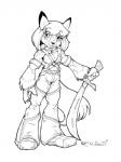 big_eyes big_feet big_hands clothed clothing dipstick_ears ear_markings feet fur harness holding_object holding_weapon looking_up male melee_weapon multicolored_ears smile solo sword weapon ferris ambiguous_species mammal 2007 line_art monochrome pen_(artwork) traditional_media_(artwork)