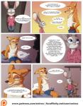 2016 anthro bed bottomwear canid canine clothed clothing comic conditional_dnp dialogue disney dress_shirt duo english_text female fox fur furniture grey_body grey_fur hi_res judy_hopps lagomorph leporid male mammal nick_wilde number page_number patreon patreon_logo pillow rabbit red_body red_fox red_fur shelf shirt shorts speech_bubble tank_top text topwear true_fox url website_logo xnirox zootopia