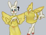anthro bent_over big_butt big_nose black_eyes blue_sclera blush buckteeth butt clothing dipstick_toes eyelashes feathered_wings feathers female freckled_face freckles fur grey_background head_tuft looking_at_viewer looking_back looking_back_at_viewer panties pink_nose question_mark red_clothing red_panties red_underwear robe simple_background solo teeth thick_thighs translucent translucent_clothing tuft underwear white_body white_fur wide_hips wings yellow_body yellow_clothing yellow_feathers yellow_robe emerycallahan angel_hare the_east_patch angel_gabby angel lagomorph leporid mammal rabbit