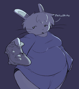 anthro belly big_belly black_clothing black_eyes black_panties black_underwear blue_clothing blue_shirt blue_topwear breasts clothing controller dialogue female fur game_controller grey_background hair half-closed_eyes long_sleeve_shirt medium_breasts narrowed_eyes obese obese_anthro obese_female offering_controller open_mouth outstretched_arm oversized_clothing oversized_shirt oversized_topwear overweight overweight_anthro overweight_female panties shirt simple_background solo talking_to_viewer text thick_thighs topwear underwear whiskers white_body white_fur white_hair wide_hips oofmasterxd lagomorph leporid mammal rabbit 2025 english_text hi_res portrait three-quarter_portrait