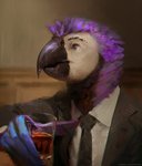 alcohol anthro beak beverage black_beak black_clothing black_suit black_suit_jacket clothing container cup feathers glass glass_container glass_cup holding_container holding_cup holding_glass holding_object inside male necktie purple_body purple_feathers solo suit suit_and_tie suit_jacket text whiskey white_body white_feathers winged_arms wings nomax avian bird 2020 digital_media_(artwork) hi_res url