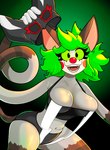 anthro black_mask breasts brown_body brown_fur cheek_spots cleavage clothed clothing clown_makeup clown_nose cosplay eyelashes fangs female fur green_hair green_sclera grey_body grey_fur hair long_arms looking_at_viewer mask midriff multicolored_body multicolored_fur navel open_mouth open_smile skimpy smile solo sports_mask sportswear tail teeth tongue wrestling_mask wrestling_outfit roboticsteve ring_cats saber_(roboticsteve) taffy_(robotic_stevie) domestic_cat felid feline felis mammal 2025 absurd_res digital_drawing_(artwork) digital_media_(artwork) hi_res