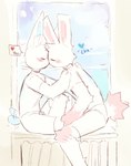 anthro blue_inner_ear blush blush_lines duo fur kiss_on_lips kissing male pink_inner_ear romantic romantic_couple slim_anthro slim_male tail tail_motion tailwag white_body white_fur white_shirts bunonthemoon 2023 hi_res