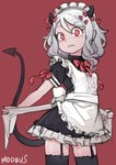 accessory black_horn blush bow_dress breasts clothing female garter_straps hair hair_accessory hairband heart_eyes heart_symbol horn legwear looking_at_viewer maid_uniform neck_bow not_furry red_background red_eyes sharp_teeth short_hair simple_background solo spade_tail standing tail teeth text thigh_highs uniform white_body white_hair white_skin aoi_tsunami blvefo9 helltaker modeus_(helltaker) demon demon_humanoid humanoid english_text hi_res