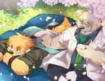 anthro cherry_blossom duo eyewear flower fur glasses lying male on_front petting plant prunus_(flower) sake_dish scarf white_body white_fur boar_stag144 lifewonders tokyo_afterschool_summoners cu_sith_(tas) leib_(tas) bear bird_dog canid canine canis domestic_dog golden_retriever hunting_dog mammal polar_bear retriever ursine hi_res