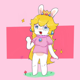 3_fingers anthro bent_arm blonde_hair blue_ear_piercing blue_eyes bottomless bottomless_anthro bottomless_female breasts clothed clothed_anthro clothed_female clothing crown ear_piercing featureless_crotch featureless_legs female female_anthro fingers flower gem grass hair headgear light long_ears looking_at_viewer noseless open_mouth piercing pink_background pink_clothing pink_shirt pink_topwear plant rectangle red_flower red_tongue ruby_(gem) sapphire_(gem) shirt simple_background solo sparkles standing surprised tan_inner_ear tongue topwear peypey_mei1925 mario_bros mario_plus_rabbids_kingdom_battle nintendo raving_rabbids rayman_(series) ubisoft rabbid_peach lagomorph mammal rabbid 1:1 2024 colored crossover digital_drawing_(artwork) digital_media_(artwork) full-length_portrait hi_res lighting portrait shaded