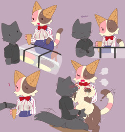 anthro belly_grab big_breasts blush blush_lines bottomless bottomless_male bottomwear bow_tie breast_play breast_suck breasts clock clothed clothing crossed_arms dessert duo female food genitals ice_cream imminent_penetration male nipples_visible_through_clothing nude nude_female pants penis sex shirt sitting slightly_chubby sprinkles sprinkles_on_breasts sucking topwear vulva waffle_cone watch wet wet_clothing wet_shirt wet_topwear snazzle_snapp anon nyapolitan_(snazzle_snapp) domestic_cat felid feline felis food_creature ice_cream_creature mammal hi_res
