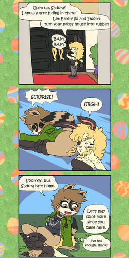 alternate_universe anthro ass_on_face bare_butt barefoot black_body black_bottomwear black_clothing black_fur black_jeans black_nose black_pants black_spots black_tail_tip black_topwear blonde_eyebrows blonde_hair blue_eyes bottomwear breasts brown_body brown_fur brown_hair brown_tail butt butt_attack casual_exposure choker cleavage clothed clothing cute_fangs denim denim_bottomwear denim_clothing dialogue dipstick_tail door drawstring_hoodie duo easter_egg eyebrows eyelashes eyes_closed facesitting fangs feet female female/female frown fur green_clothing green_hoodie green_topwear grey_bottomwear grey_clothing grey_jeans grey_pants hair holidays hoodie jeans jewelry knocking_on_door looking_at_another looking_back looking_back_at_another looking_down looking_down_at_another markings necklace open_mouth open_smile pants pants_around_knees pink_nose rabbit_ears raccoon_tail scut_tail short_tail shoulderless_shirt sitting sitting_on_another smile speech_bubble spots spotted_body spotted_fur striped_markings striped_tail stripes tail tail_markings tan_body tan_fur teeth text topwear yelling yellow_tail young young_anthro young_female bisonvega easter cousin_bunny_(bisonvega) raccoon_gal_(bisonvega) lagomorph leporid mammal procyonid rabbit raccoon 2026 absurd_res comic english_text hi_res