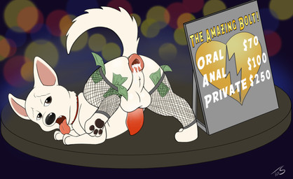 animal_genitalia animal_penis anus balls banknote bodily_fluids butt canine_genitalia canine_penis clothing cum cum_in_ass cum_inside feral fishnet_clothing fishnet_legwear gaping gaping_anus genital_fluids genitals legwear male money pawpads paws penis presenting presenting_hindquarters prostitution public_use sign solo stage text tipping tongue tongue_out white_body theoryofstrings bolt_(film) disney bolt_(bolt) canid canine canis domestic_dog german_shepherd herding_dog mammal pastoral_dog english_text hi_res