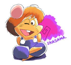 anthro biped brown_body brown_hair chibi clothing hair one_eye_closed overalls simple_background sitting solo wink hikari_gamba gamba_no_bouken gamba_no_bouken_(series) ikasama mammal mouse murid murine rodent 2023