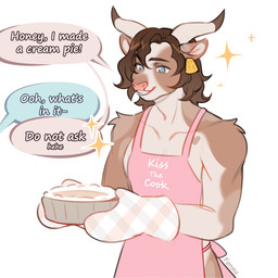 anthro biped clothed clothed_anthro clothed_male clothing countershade_torso countershading dialogue front_view fur hair horn male simple_background smile solo speech_bubble standing teeth text fensu-san bovid bovine cattle mammal 1:1 2026 digital_drawing_(artwork) digital_media_(artwork) english_text hi_res