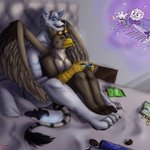 anthro bed duo food furniture hug hugging_another hugging_from_behind junk_food male male/male messy_bed on_bed pencil_mustache playing romantic romantic_couple sitting sitting_on_bed text hermesdidit cuphead_(game) mythology king_dice avian canid canine canis domestic_dog gryphon mammal mythological_avian mythological_creature 1:1 english_text hi_res