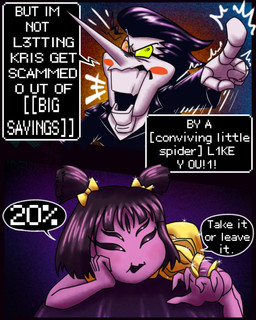 5_eyes 6_arms ambiguous_gender ambiguous_human angry annoyed anthro argument black_hair blush blush_stickers bow_ribbon carrying_another clothed clothing coin cute_fangs dialogue dress duo_focus eye_contact fangs female female_anthro group hair heterochromia long_nose looking_at_another male male_humanoid multi_arm multi_eye multi_limb on_head pigtails short_hair size_difference sparkles sparkling_clothing speech_bubble suit teeth text trio white_body coi-koi-pond deltarune undertale undertale_(series) kris_dreemurr muffet spamton_g._spamton arachnid arthropod human humanoid living_puppet mammal spider 2026 comic digital_drawing_(artwork) digital_media_(artwork) english_text hi_res