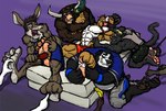 2_horns 4_toes abs anthro beard black_body black_fur blonde_hair bottomwear boxers_(clothing) brown_body brown_fur brown_hair brush cleaning_tool clothed clothing facial_hair facial_piercing feather_duster feet fur fur_tuft grey_body grey_fur group hair holding_brush holding_feather holding_object horn laugh loose_feather lying male male/male mattress multicolored_body multicolored_fur muscular muscular_anthro muscular_male navel nose_piercing nose_ring on_back open_mouth open_smile pants pawpads paws piercing pink_tongue red_boxers red_clothing red_underwear restrained restrained_arms restrained_legs ring_piercing scut_tail shirt short_tail smile submissive submissive_anthro submissive_male tail tail_tickle tail_tuft teeth tickle_fetish tickle_torture tickling tickling_belly tickling_ears tickling_feet tickling_nose tickling_sides toes tongue topless topless_anthro topless_male topwear tuft underwear white_body white_fur kctk bear bovid bovine cattle cougar felid feline giant_panda kangaroo macropod mammal marsupial pantherine 2019