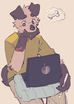 anthro bandage black_body black_fur clothed clothing computer electronics fur grey_body grey_fur hand_in_mouth laptop male multicolored_body multicolored_fur sitting solo thought_bubble two_tone_body two_tone_fur hemuchang shin_(hemuchang) canid canine canis domestic_dog mammal colored digital_media_(artwork) hi_res