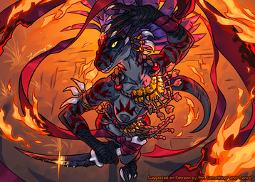3_toes 5_fingers anthro arm_tattoo bottomwear breast_tattoo breasts clothed clothing feet female fingers fire humanoid_hands knife loincloth nipples purple_body purple_scales scales skimpy solo tattoo teeth text toes tribal zummeng dinosaur prehistoric_species reptile scalie absurd_res english_text hi_res