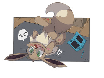 after_transformation alarmed blush blush_lines bodily_fluids brown_body brown_fur eyewear female feral fur gender_transformation glasses green_eyes inside interrobang loss_of_dexterity loss_of_speech male mtf_transformation open_mouth pokemon_speak pokemon_transformation sharp_teeth solo sweat sweatdrop teeth transformation oshoku_momiji nintendo nintendo_ds nintendo_ds_family pokemon eevee generation_1_pokemon pokemon_(species) 4:3 hi_res