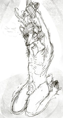 anthro antlers armpit_hair arms_above_head arms_tied big_eyes blush blush_lines bodily_fluids body_hair bound defined_cheekbones genital_fluids genitals hair hooves horn humanoid_genitalia humanoid_penis kneeling lips male nipples nude nude_male one_eye_closed penis precum shaking short_hair short_tail simple_background slim small_penis solo sweat sweatdrop tail tears tongue tongue_out trembling alienbeepoontang deer mammal digital_media_(artwork) hi_res monochrome sketch