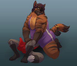 anthro big_butt brown_body brown_fur bulge butt clothed clothing detailed_bulge duo erection erection_under_clothing facesitting fully_clothed fur gesture hair half-closed_eyes hand_gesture larger_on_top looking_back male male/male narrowed_eyes on_top sitting_on_another striped_body striped_fur stripes tenting thumbs_up wrestling wrestling_singlet yellow_eyes horrorbuns dusty_(horrorbuns) marrow_(sebastiansb) brown_hyena canid canine fox hyena mammal red_fox silver_fox true_fox