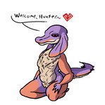 anthro chest_tuft dialogue female frill_(anatomy) fur genitals heart_symbol pussy simple_background slightly_chubby solo speech_bubble tail thick_thighs tuft white_background degeneroid capcom monster_hunter bird_wyvern jaggia monster scalie colored