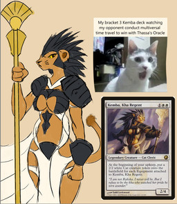 anthro armor breasts cape cleavage clothed clothing ear_piercing female fur headgear helmet melee_weapon pauldron piercing polearm small_waist solo staff tail text unconvincing_armor weapon wide_hips yellow_body yellow_eyes yellow_fur toasterlamb todd_lockwood hasbro magic:_the_gathering wizards_of_the_coast kemba_kha_regent catfolk felid leonin mammal english_text meme