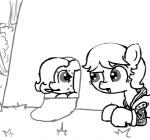 bodily_fluids clothing duo earth_pony emerald_jewel_(colt_quest) equid equine fan_character female feral ficficponyfic hasbro horse knife male mammal monochrome my_little_pony pony simple_background sweat young young_feral