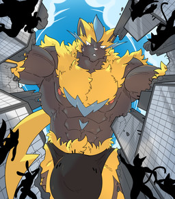 ambiguous_gender anthro big_bulge big_muscles black_body blue_eyes bulge city clothed clothing cloud destruction detailed_bulge fur genital_outline group huge_muscles looming low-angle_view macro male male_focus muscular muscular_male nipples silhouette solo_focus speedo swimwear tail topless topless_male worm's-eye_view yellow_body yellow_fur happyending nintendo pokemon felid generation_7_pokemon legendary_pokemon mammal pokemon_(species) zeraora hi_res