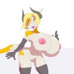 1:1 anthro armwear big_breasts blonde_hair bovid bovine breasts clothing cowqet cuoqet curvy_figure elbow_gloves female genitals gloves hair handwear horn huge_breasts hyper hyper_breasts legwear looking_at_viewer mammal nipples open_mouth pussy solo standing thigh_highs voluptuous wide_hips