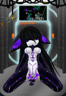anthro black_body black_hair breasts cable chain chain_leash electricity electronics fur glowing glowing_eyes hair kneeling laboratory leash long_hair looking_at_viewer markings metal navel purple_eyes smile solo spread_legs spreading teeth television white_body white_fur silavos made_in_abyss vrchat fan_character domestic_cat felid feline felis mammal narehate hi_res watermark