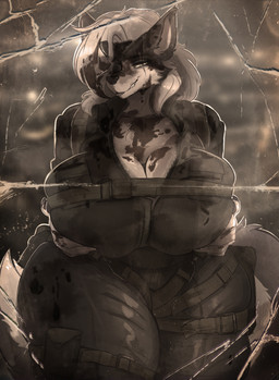 animal_ears anthro big_breasts biped blood bodily_fluids bottomwear breasts cleavage clothed clothing crossgender eye_patch eyewear female fingers fluffy fluffy_tail fur hair holding_breast huge_breasts looking_at_viewer mtf_crossgender pants pupils scar smile solo tail thick_thighs ardail konami metal_gear nintendo star_fox venom_snake wolf_o'donnell canid canine canis mammal wolf hi_res