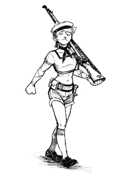 anthro arm_tattoo bayonet belt bottomwear clothing crop_top footwear gun hair hat headgear headwear holding_gun holding_object holding_ranged_weapon holding_weapon knife male marching midriff navel neckwear pouch_(clothing) ranged_weapon rifle sailor_cap shirt shoes shorts socks solo tattoo topwear weapon hladilnik ship's_catboy_(hladilnik) domestic_cat felid feline felis mammal hi_res monochrome