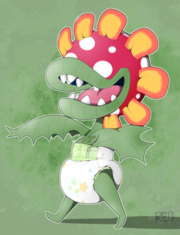 ambiguous_gender anthro big_diaper clean_diaper clothed clothing diaper diaper_only plant sharp_teeth simple_background smile solo teeth topless wearing_diaper padded_red_dragon mario_bros nintendo petey_piranha elemental_creature flora_fauna piranha_plant digital_media_(artwork) hi_res