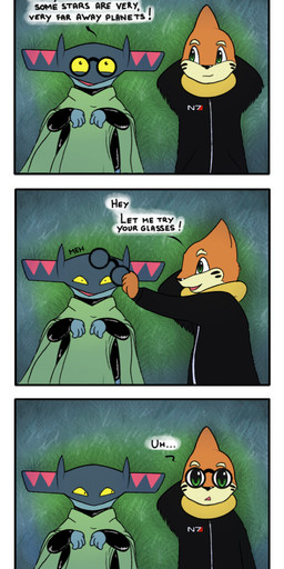 duo eyewear glasses grass male night planet plant space spacecraft star text vehicle azilord nintendo pokemon buizel drakloak generation_4_pokemon generation_8_pokemon humanoid pokemon_(species) 1:3 2020 absurd_res comic english_text hi_res