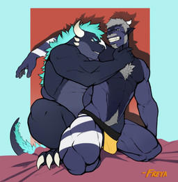 abstract_background anthro beard bedding blue_hair bulge clenched_teeth clothed clothing crouching detailed_bulge duo facial_hair genital_outline grey_hair hair hand_in_pants jockstrap kneeling male male/male muscular muscular_male mustache penis_outline tail teeth underwear freya_draws mythology dragon mythological_creature mythological_scalie scalie wingless_dragon hi_res
